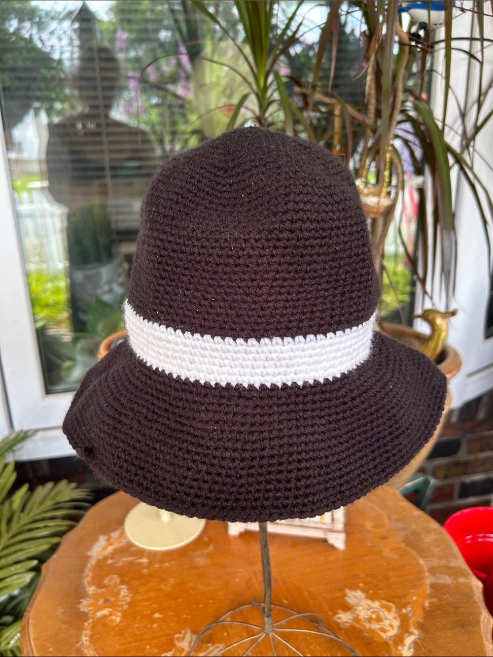 Crocheted Black Bucket Hat with White Band